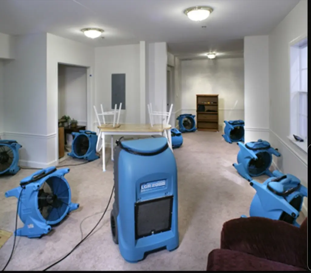 Air movers and dehumidifier setup for Water Damage Restoration in Evesham